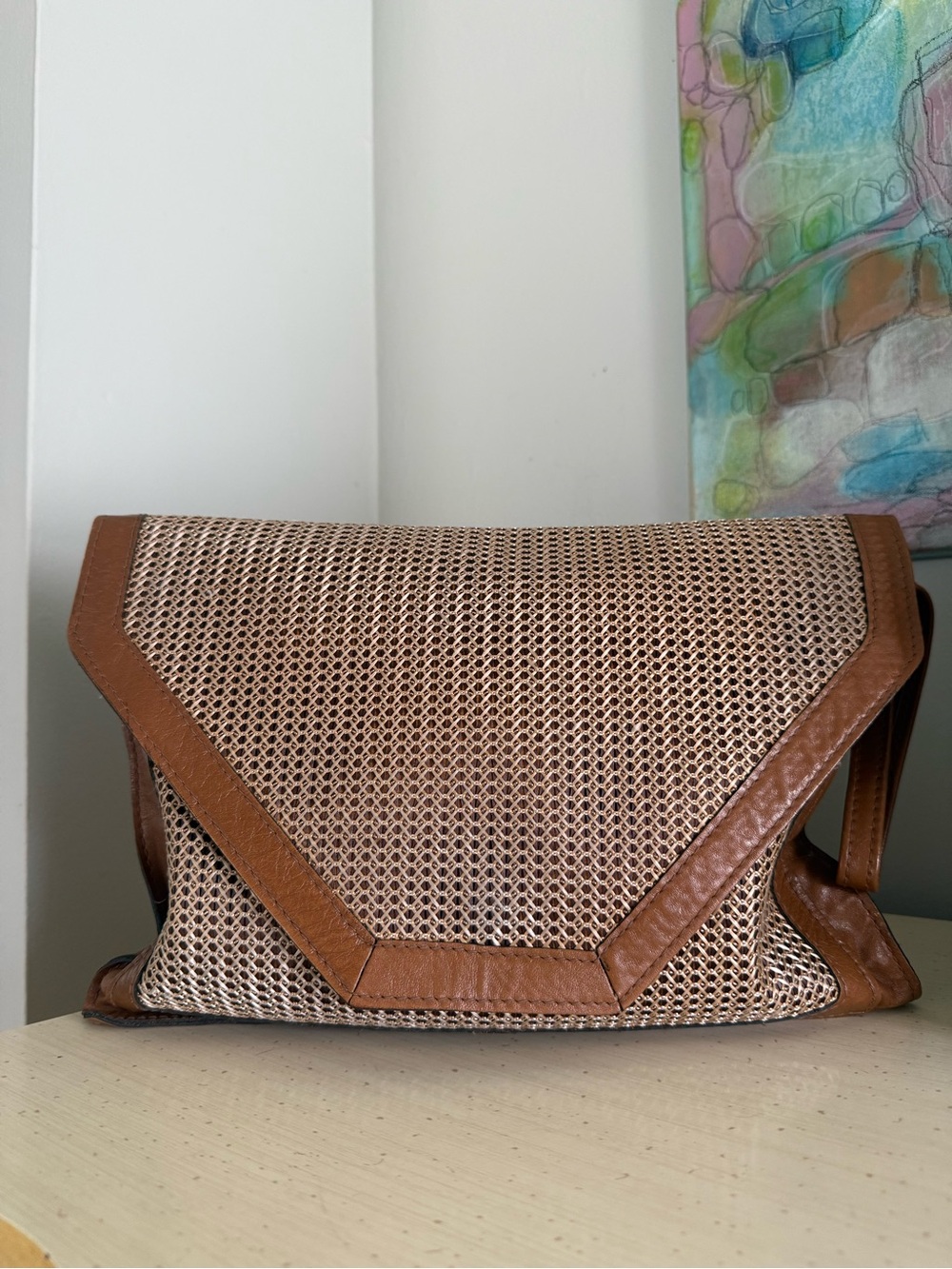 Gaetano New York Vintage Wicker Leather Envelope Clutch Brown